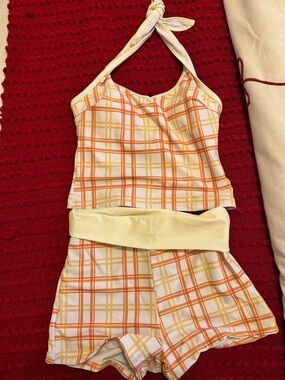 Yellow & Orange Plaid Halter Tankini with shorts